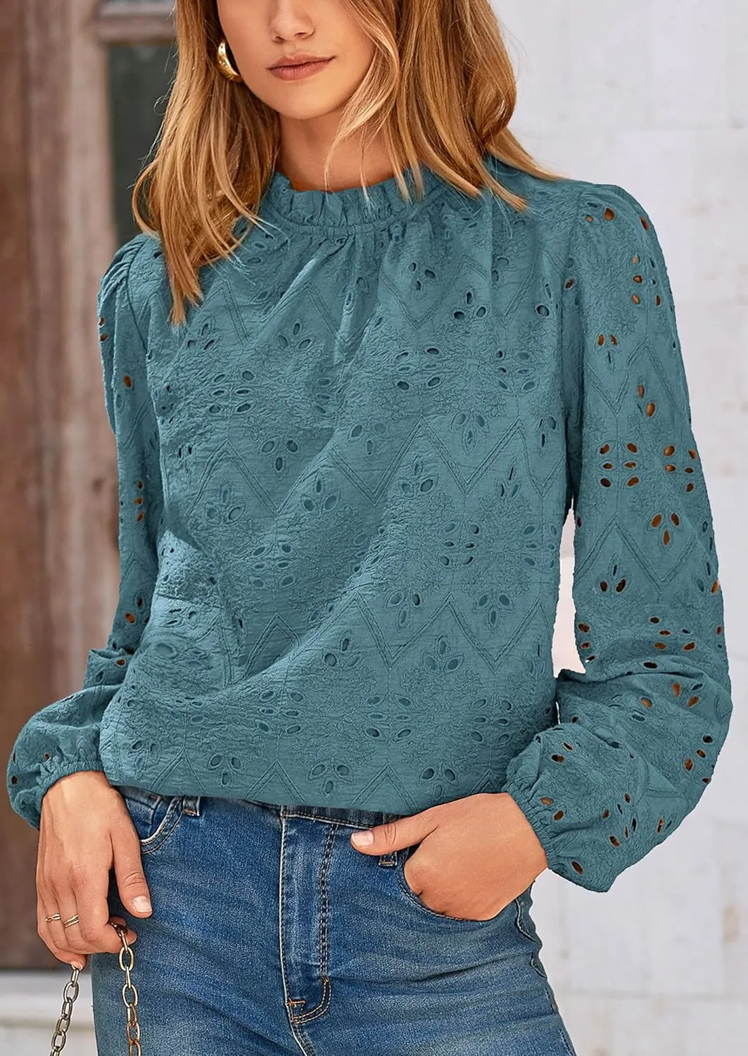 PRETTYGARDEN Tops for Women Trendy 2025 Spring Long Sleeve Blouses Dressy Casual Embroidered Eyelet Going Out Shirts