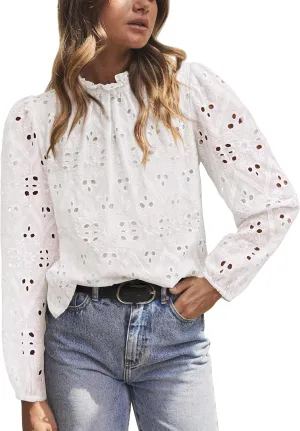 PRETTYGARDEN Tops for Women Trendy 2025 Spring Long Sleeve Blouses Dressy Casual Embroidered Eyelet Going Out Shirts