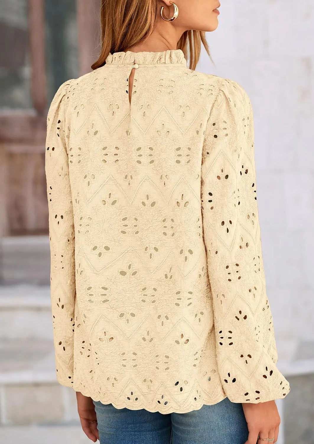 PRETTYGARDEN Tops for Women Trendy 2025 Spring Long Sleeve Blouses Dressy Casual Embroidered Eyelet Going Out Shirts