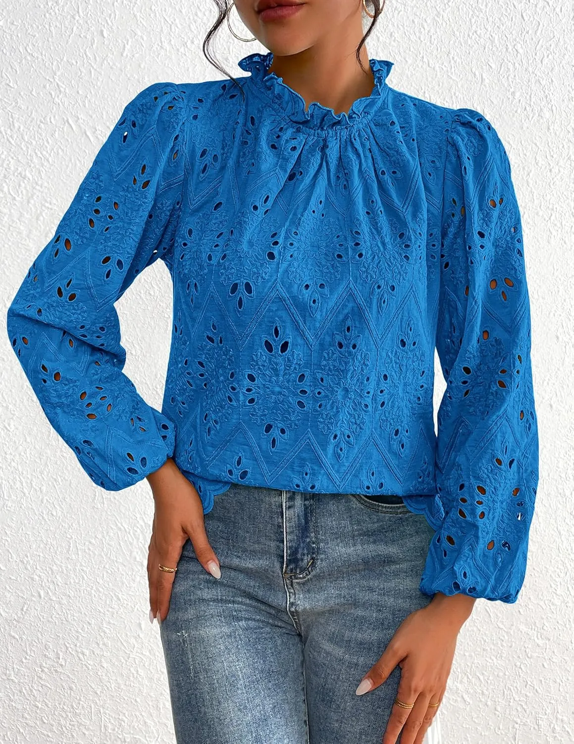 PRETTYGARDEN Tops for Women Trendy 2025 Spring Long Sleeve Blouses Dressy Casual Embroidered Eyelet Going Out Shirts