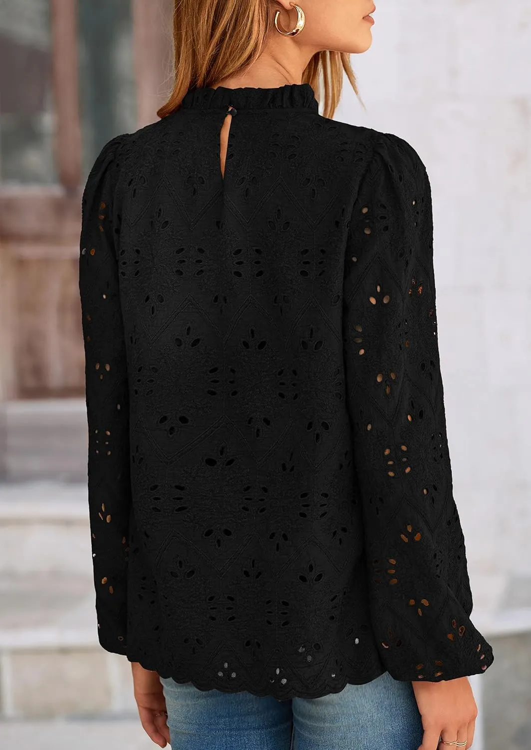 PRETTYGARDEN Tops for Women Trendy 2025 Spring Long Sleeve Blouses Dressy Casual Embroidered Eyelet Going Out Shirts