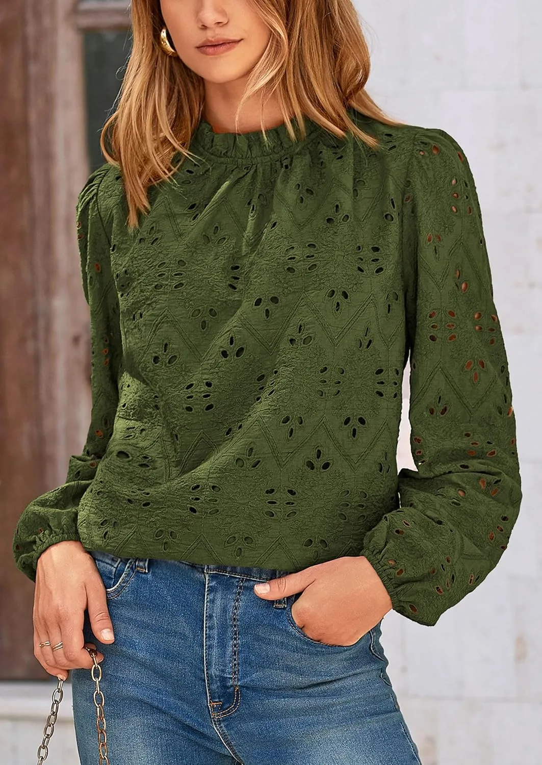 PRETTYGARDEN Tops for Women Trendy 2025 Spring Long Sleeve Blouses Dressy Casual Embroidered Eyelet Going Out Shirts