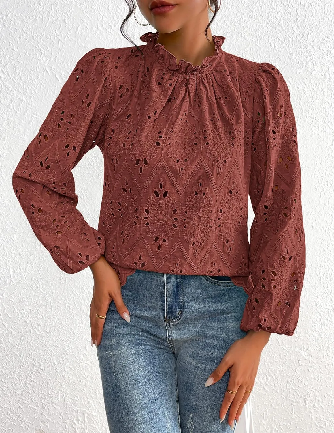 PRETTYGARDEN Tops for Women Trendy 2025 Spring Long Sleeve Blouses Dressy Casual Embroidered Eyelet Going Out Shirts