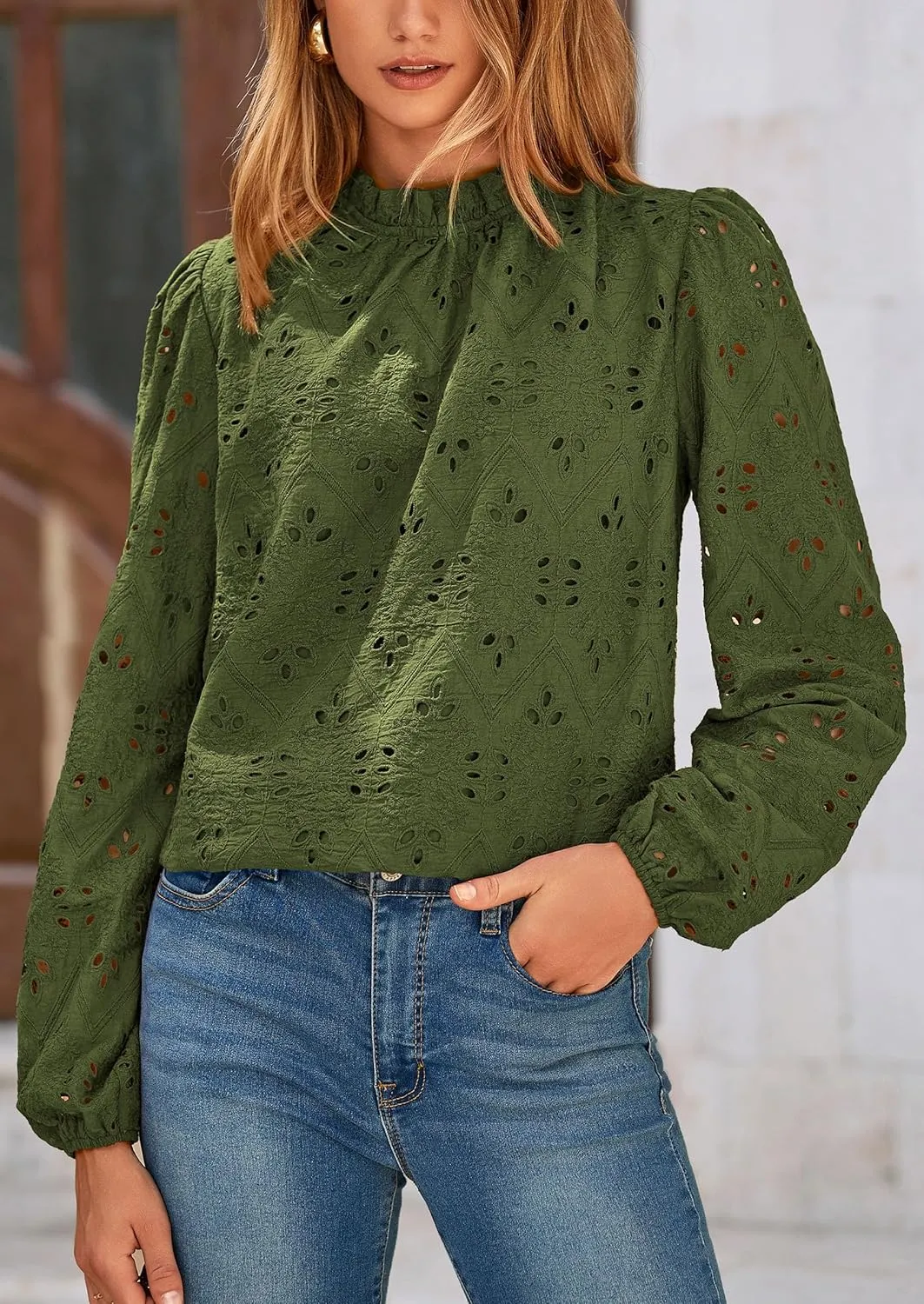 PRETTYGARDEN Tops for Women Trendy 2025 Spring Long Sleeve Blouses Dressy Casual Embroidered Eyelet Going Out Shirts