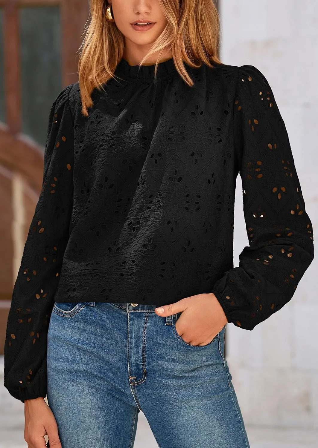 PRETTYGARDEN Tops for Women Trendy 2025 Spring Long Sleeve Blouses Dressy Casual Embroidered Eyelet Going Out Shirts