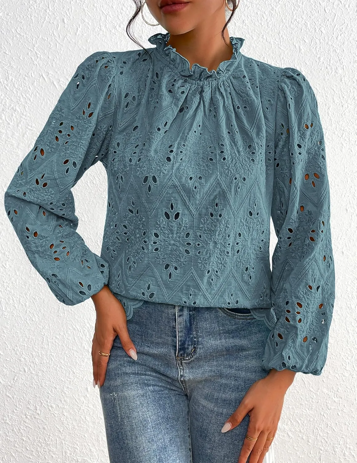 PRETTYGARDEN Tops for Women Trendy 2025 Spring Long Sleeve Blouses Dressy Casual Embroidered Eyelet Going Out Shirts