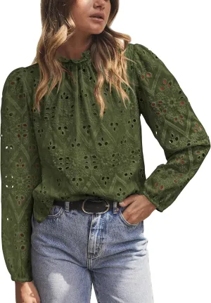 PRETTYGARDEN Tops for Women Trendy 2025 Spring Long Sleeve Blouses Dressy Casual Embroidered Eyelet Going Out Shirts