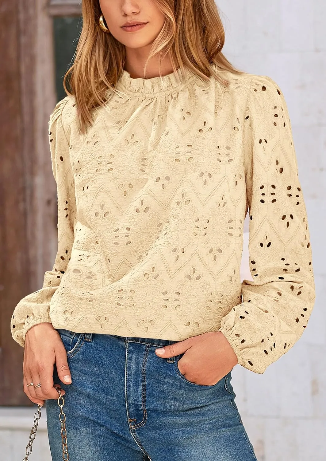 PRETTYGARDEN Tops for Women Trendy 2025 Spring Long Sleeve Blouses Dressy Casual Embroidered Eyelet Going Out Shirts