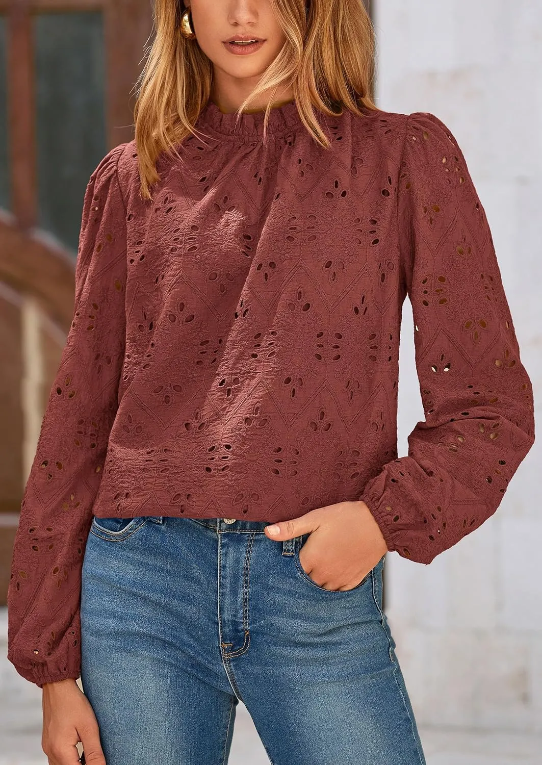 PRETTYGARDEN Tops for Women Trendy 2025 Spring Long Sleeve Blouses Dressy Casual Embroidered Eyelet Going Out Shirts