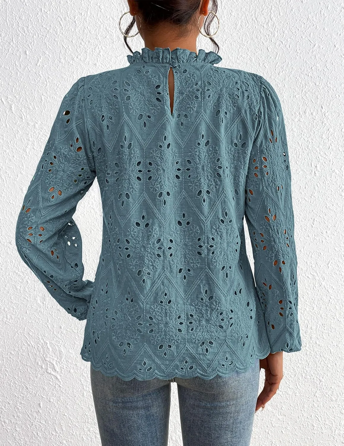 PRETTYGARDEN Tops for Women Trendy 2025 Spring Long Sleeve Blouses Dressy Casual Embroidered Eyelet Going Out Shirts
