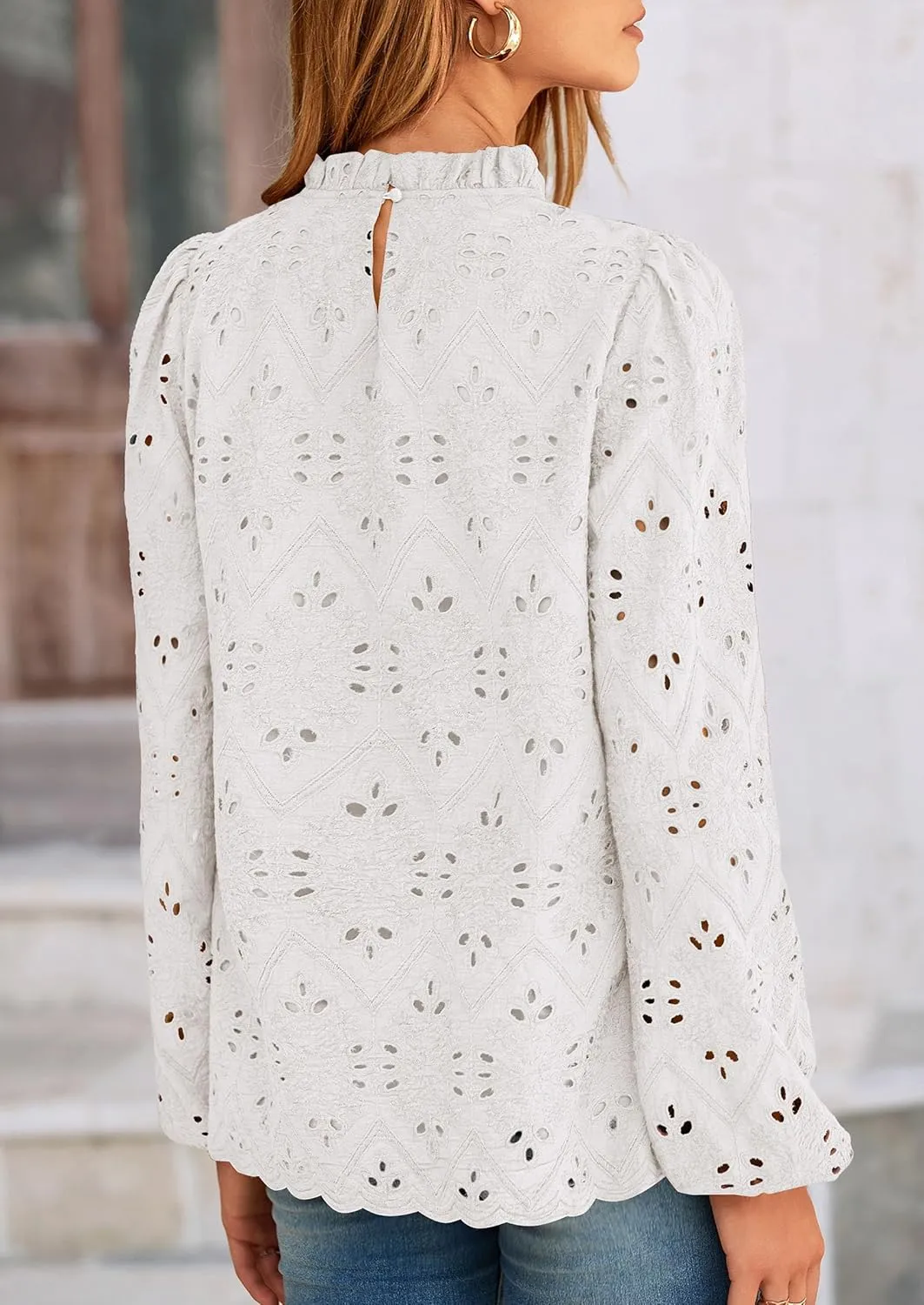 PRETTYGARDEN Tops for Women Trendy 2025 Spring Long Sleeve Blouses Dressy Casual Embroidered Eyelet Going Out Shirts