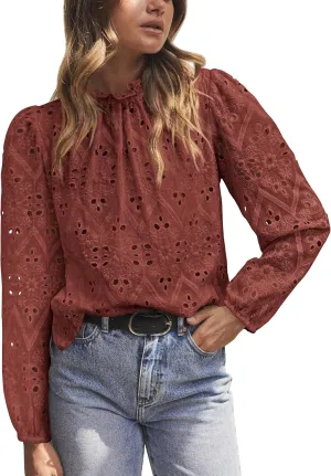 PRETTYGARDEN Tops for Women Trendy 2025 Spring Long Sleeve Blouses Dressy Casual Embroidered Eyelet Going Out Shirts