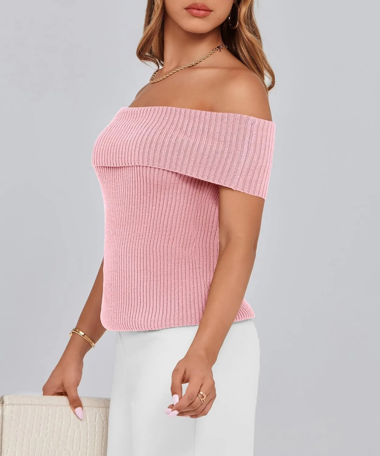 PRETTYGARDEN Women's 2025 Summer Off Shoulder Sweater Tops Ribbed Knit Short Sleeve Trendy Going Out Date Night Blouse