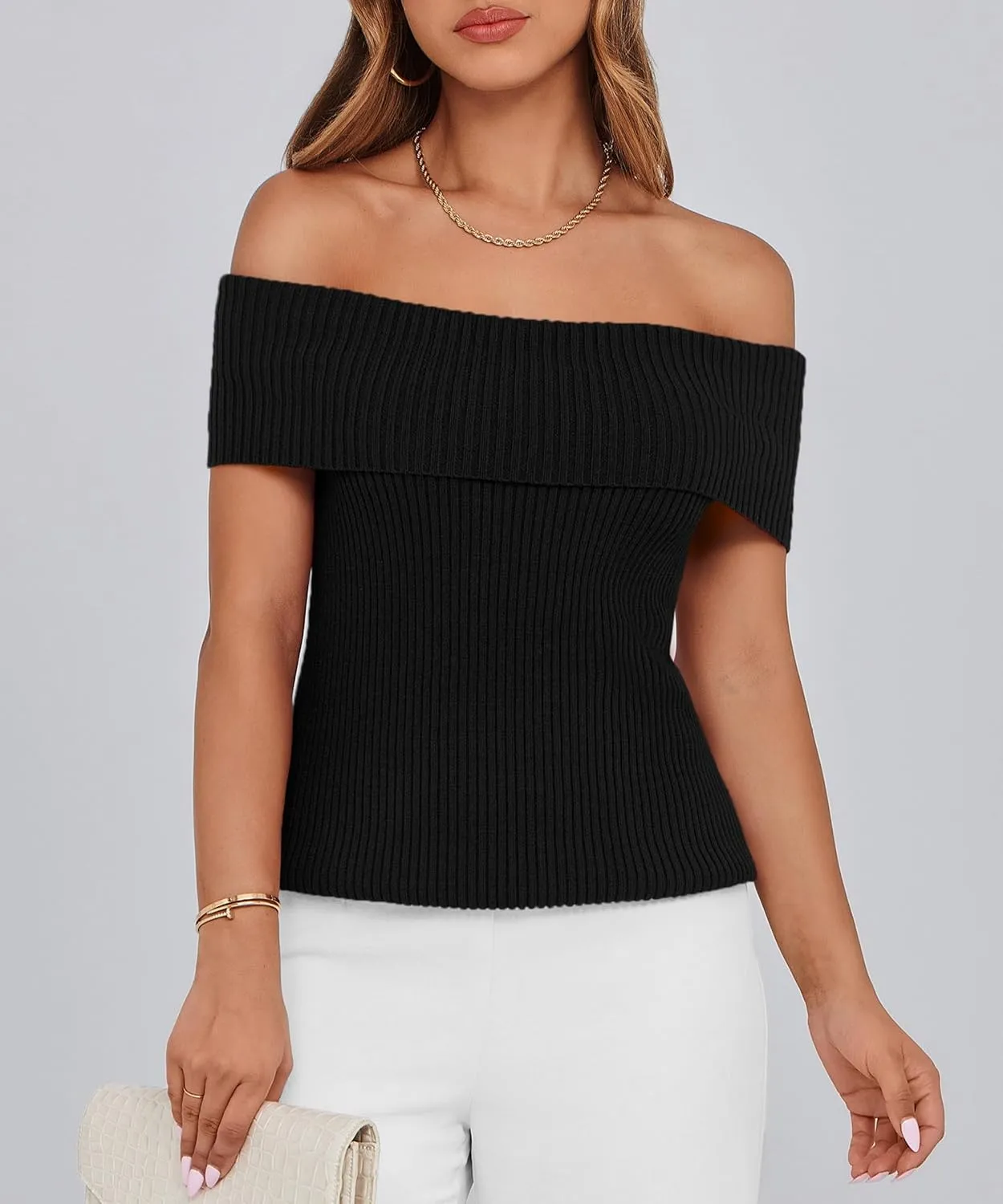 PRETTYGARDEN Women's 2025 Summer Off Shoulder Sweater Tops Ribbed Knit Short Sleeve Trendy Going Out Date Night Blouse