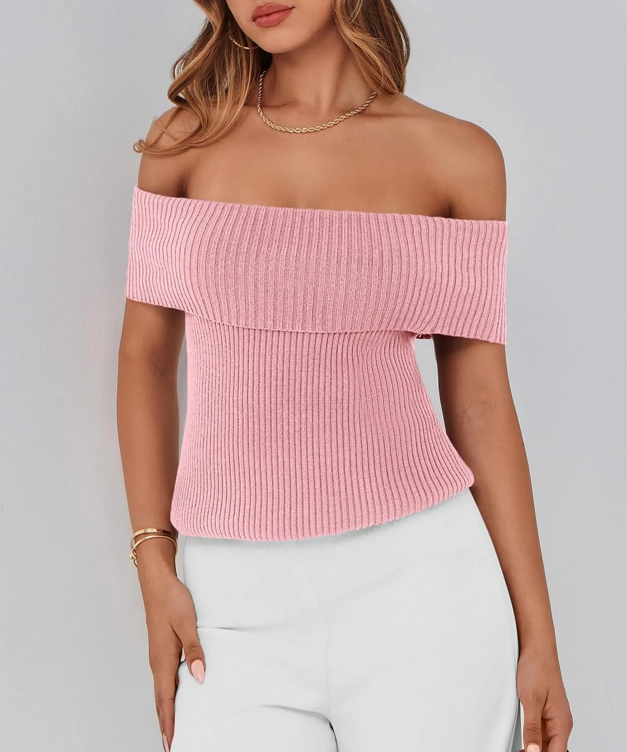 PRETTYGARDEN Women's 2025 Summer Off Shoulder Sweater Tops Ribbed Knit Short Sleeve Trendy Going Out Date Night Blouse