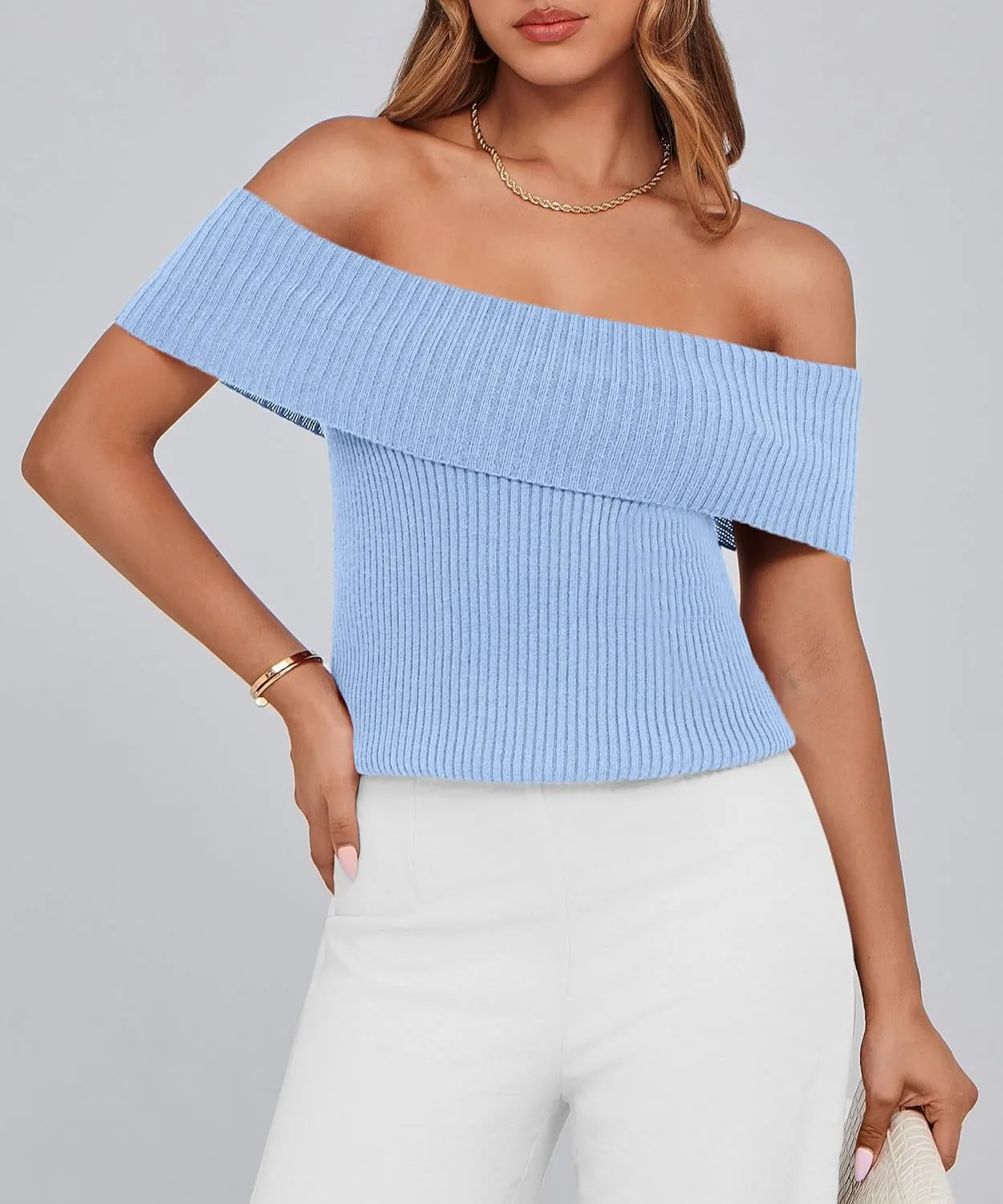 PRETTYGARDEN Women's 2025 Summer Off Shoulder Sweater Tops Ribbed Knit Short Sleeve Trendy Going Out Date Night Blouse