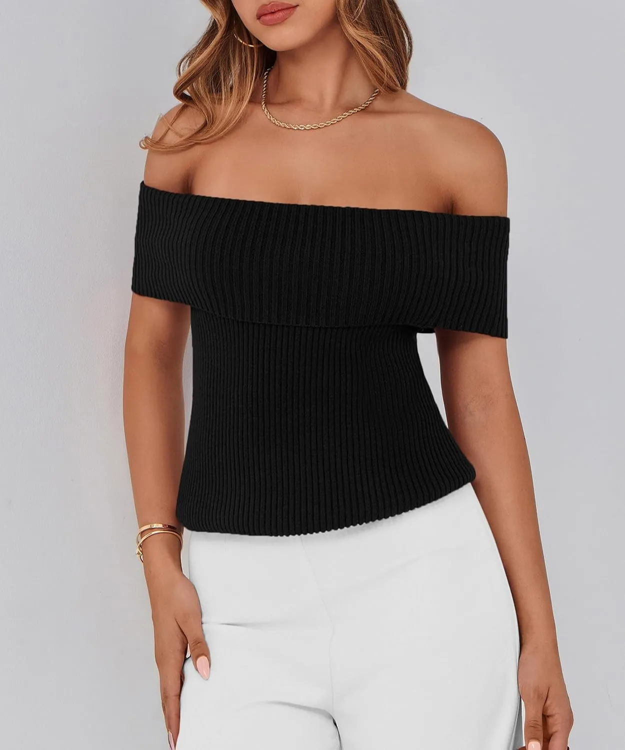 PRETTYGARDEN Women's 2025 Summer Off Shoulder Sweater Tops Ribbed Knit Short Sleeve Trendy Going Out Date Night Blouse