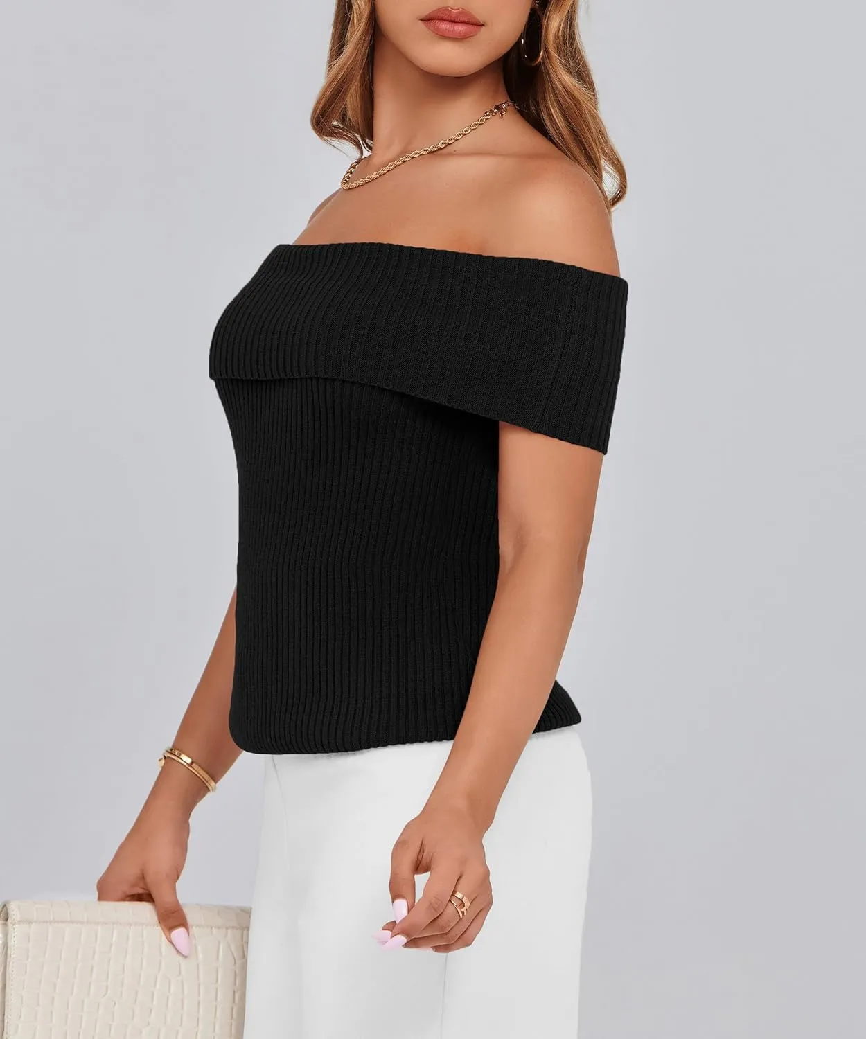 PRETTYGARDEN Women's 2025 Summer Off Shoulder Sweater Tops Ribbed Knit Short Sleeve Trendy Going Out Date Night Blouse