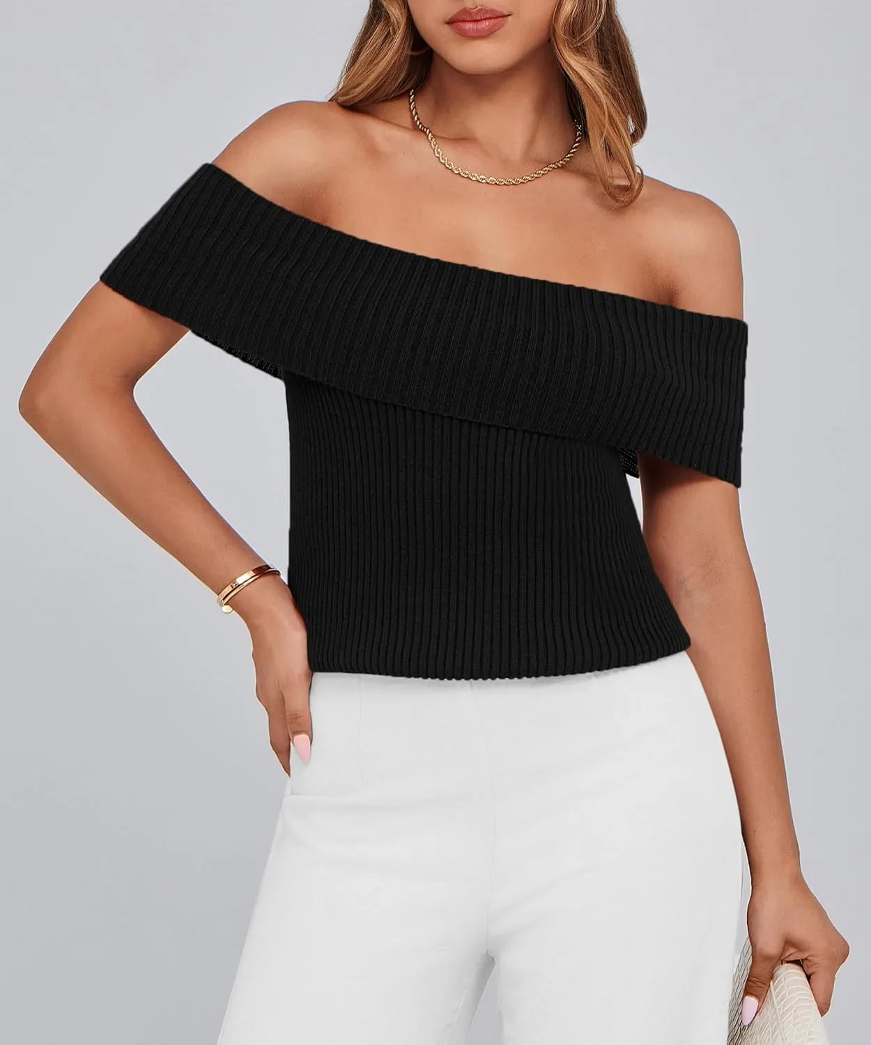 PRETTYGARDEN Women's 2025 Summer Off Shoulder Sweater Tops Ribbed Knit Short Sleeve Trendy Going Out Date Night Blouse