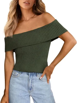 PRETTYGARDEN Women's 2025 Summer Off Shoulder Sweater Tops Ribbed Knit Short Sleeve Trendy Going Out Date Night Blouse