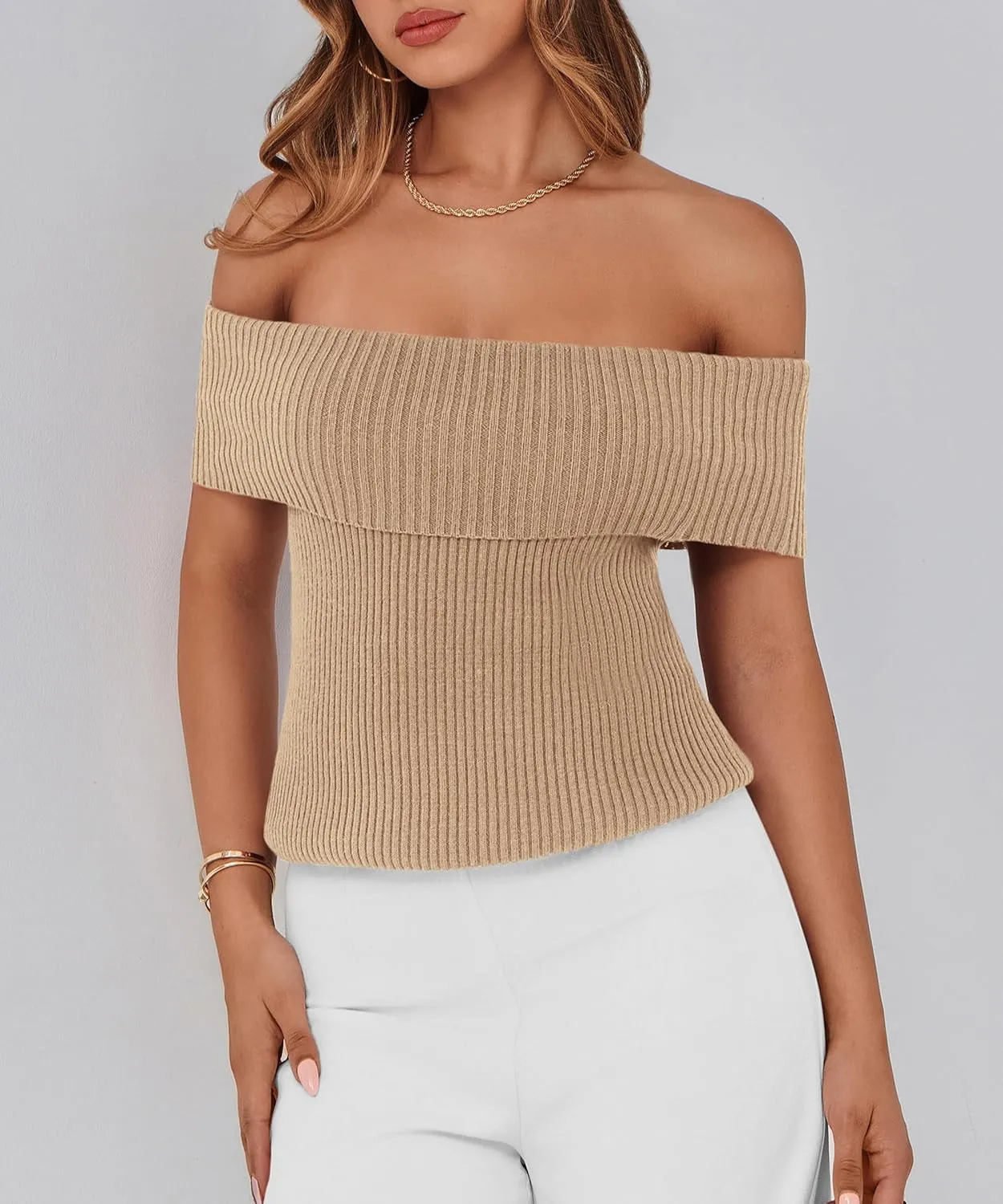 PRETTYGARDEN Women's 2025 Summer Off Shoulder Sweater Tops Ribbed Knit Short Sleeve Trendy Going Out Date Night Blouse