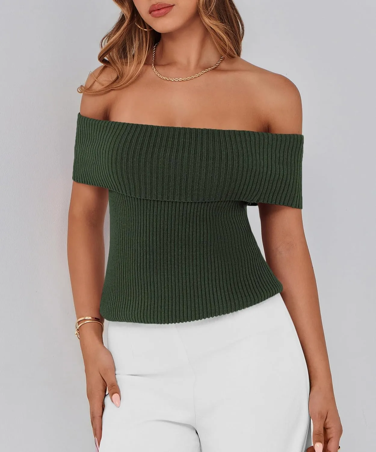 PRETTYGARDEN Women's 2025 Summer Off Shoulder Sweater Tops Ribbed Knit Short Sleeve Trendy Going Out Date Night Blouse