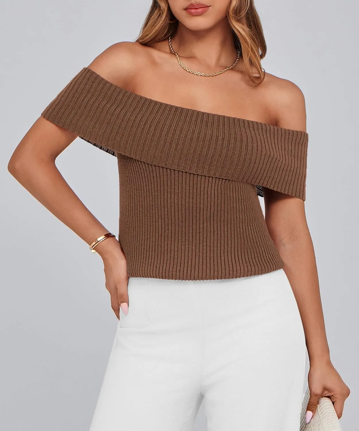 PRETTYGARDEN Women's 2025 Summer Off Shoulder Sweater Tops Ribbed Knit Short Sleeve Trendy Going Out Date Night Blouse