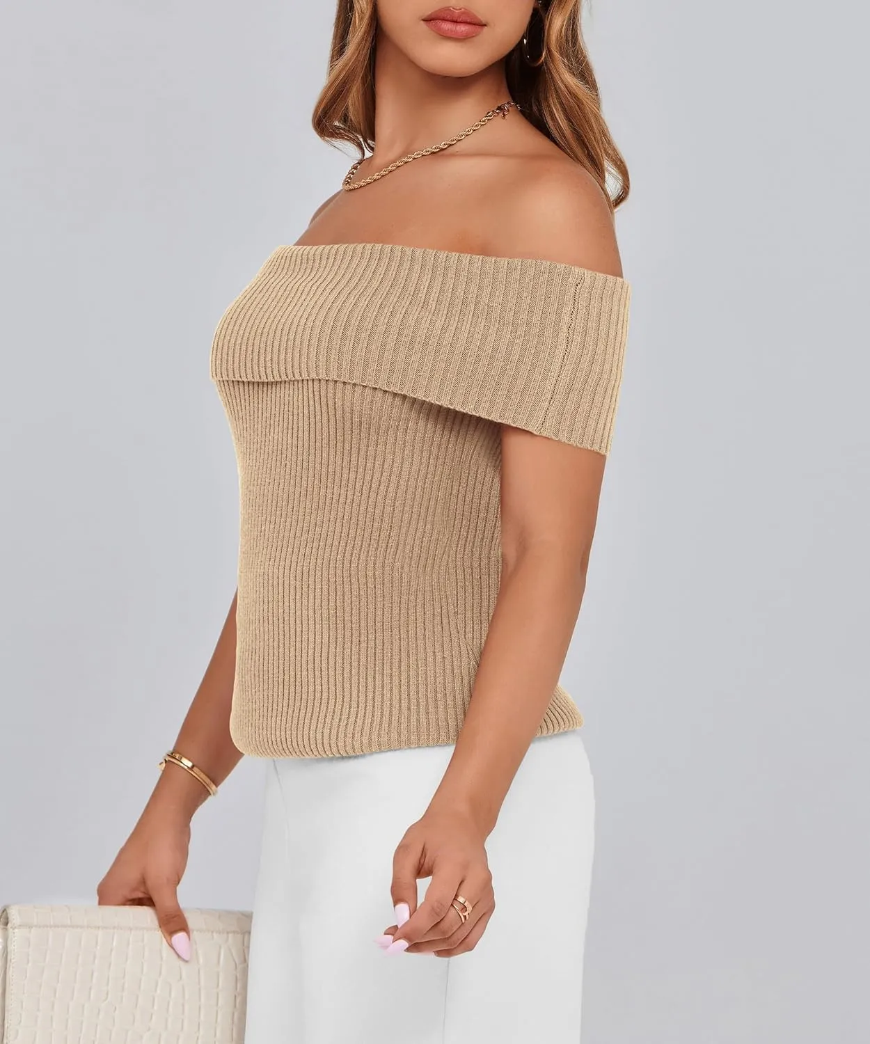 PRETTYGARDEN Women's 2025 Summer Off Shoulder Sweater Tops Ribbed Knit Short Sleeve Trendy Going Out Date Night Blouse