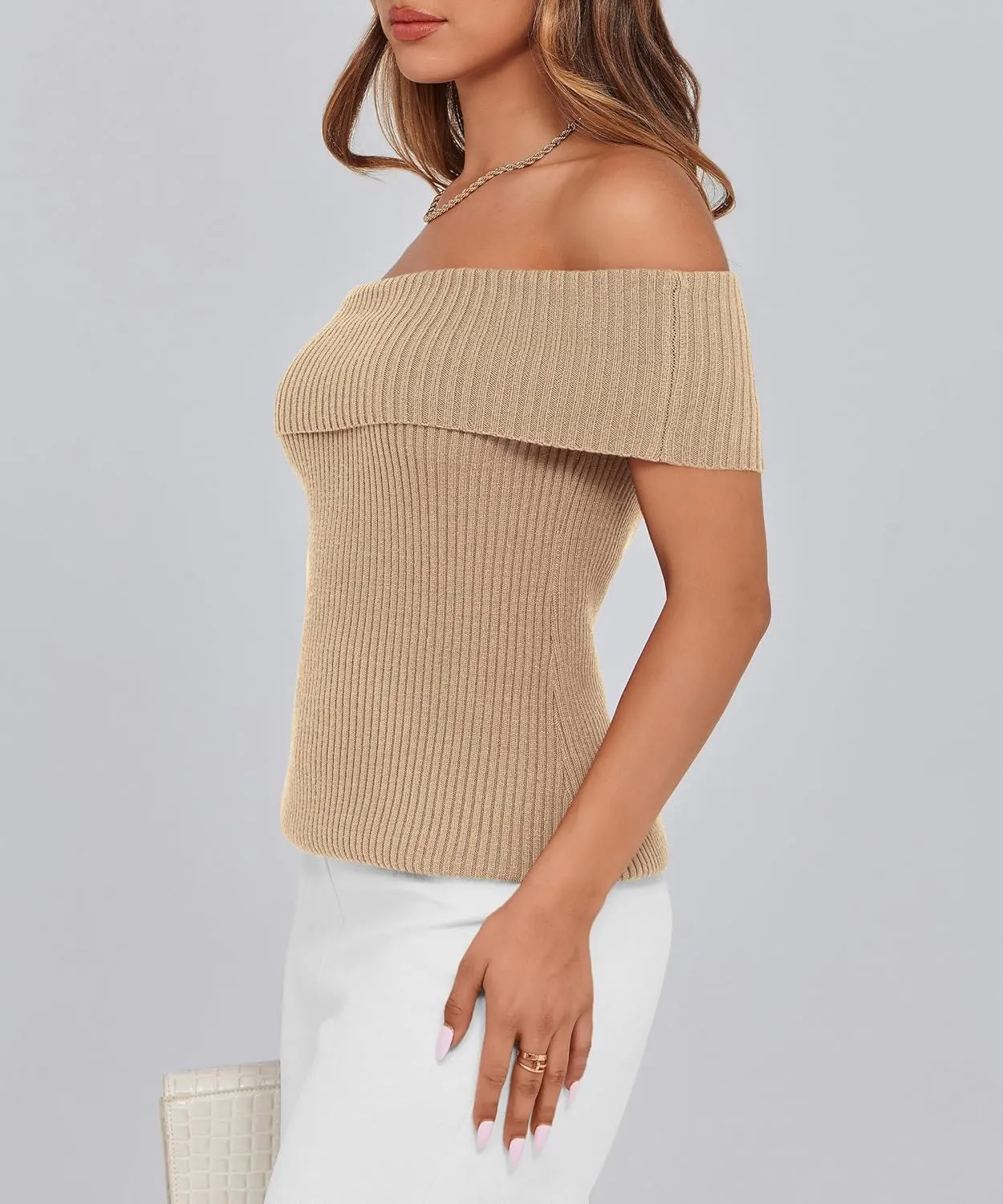 PRETTYGARDEN Women's 2025 Summer Off Shoulder Sweater Tops Ribbed Knit Short Sleeve Trendy Going Out Date Night Blouse
