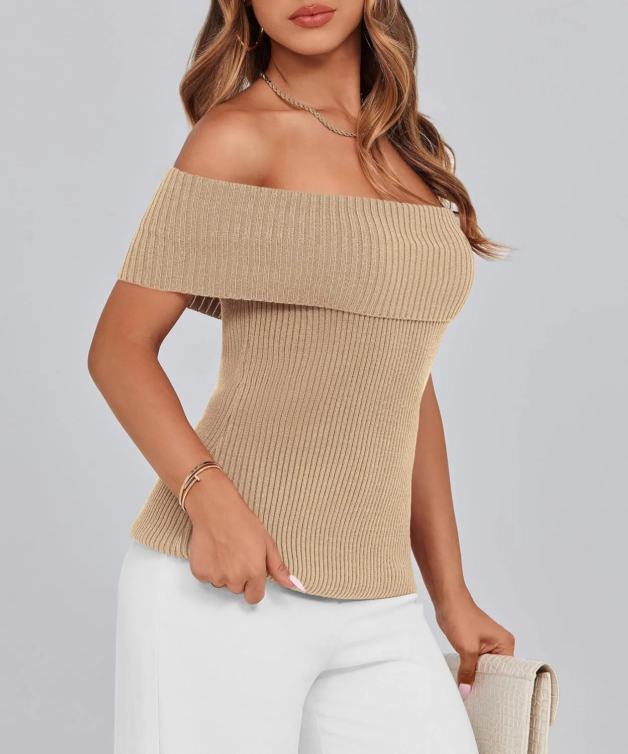 PRETTYGARDEN Women's 2025 Summer Off Shoulder Sweater Tops Ribbed Knit Short Sleeve Trendy Going Out Date Night Blouse