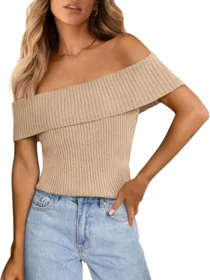 PRETTYGARDEN Women's 2025 Summer Off Shoulder Sweater Tops Ribbed Knit Short Sleeve Trendy Going Out Date Night Blouse