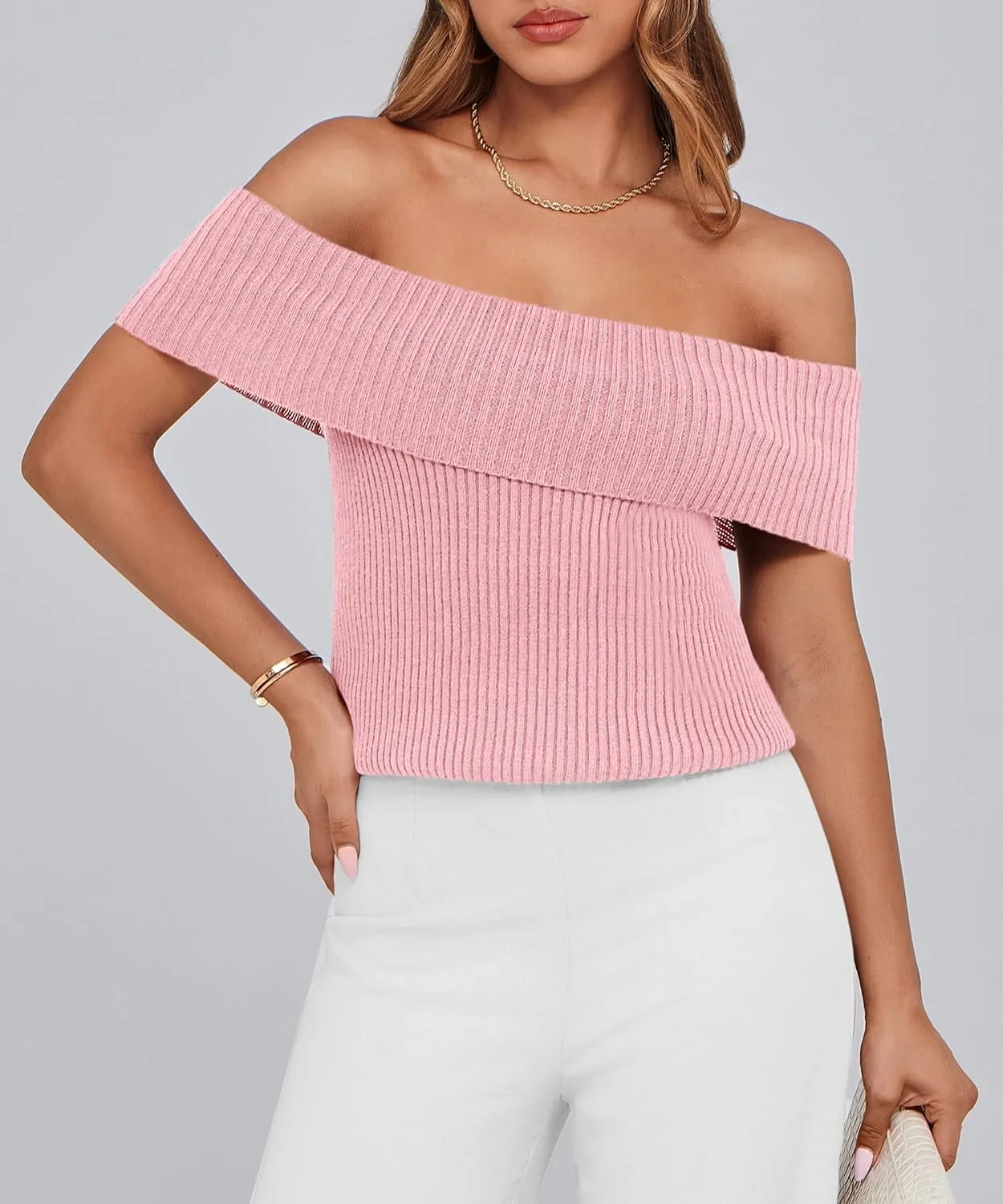 PRETTYGARDEN Women's 2025 Summer Off Shoulder Sweater Tops Ribbed Knit Short Sleeve Trendy Going Out Date Night Blouse