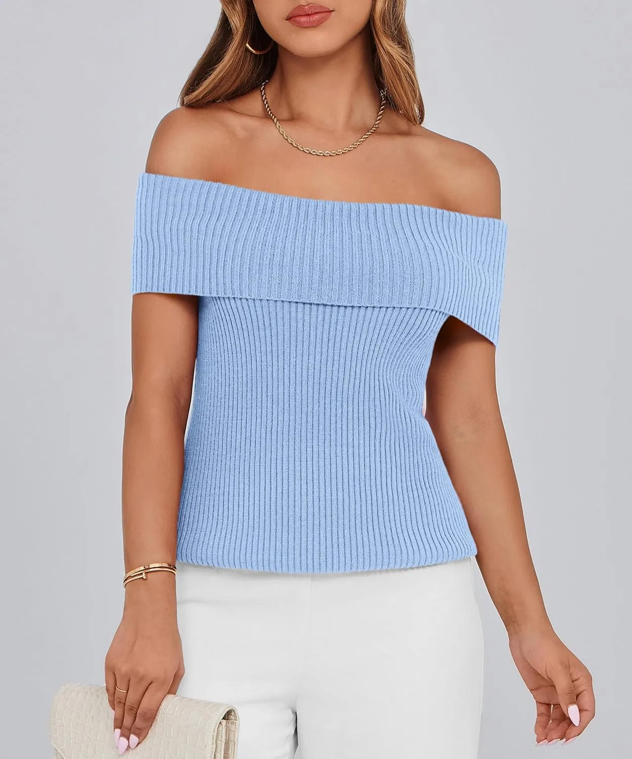 PRETTYGARDEN Women's 2025 Summer Off Shoulder Sweater Tops Ribbed Knit Short Sleeve Trendy Going Out Date Night Blouse