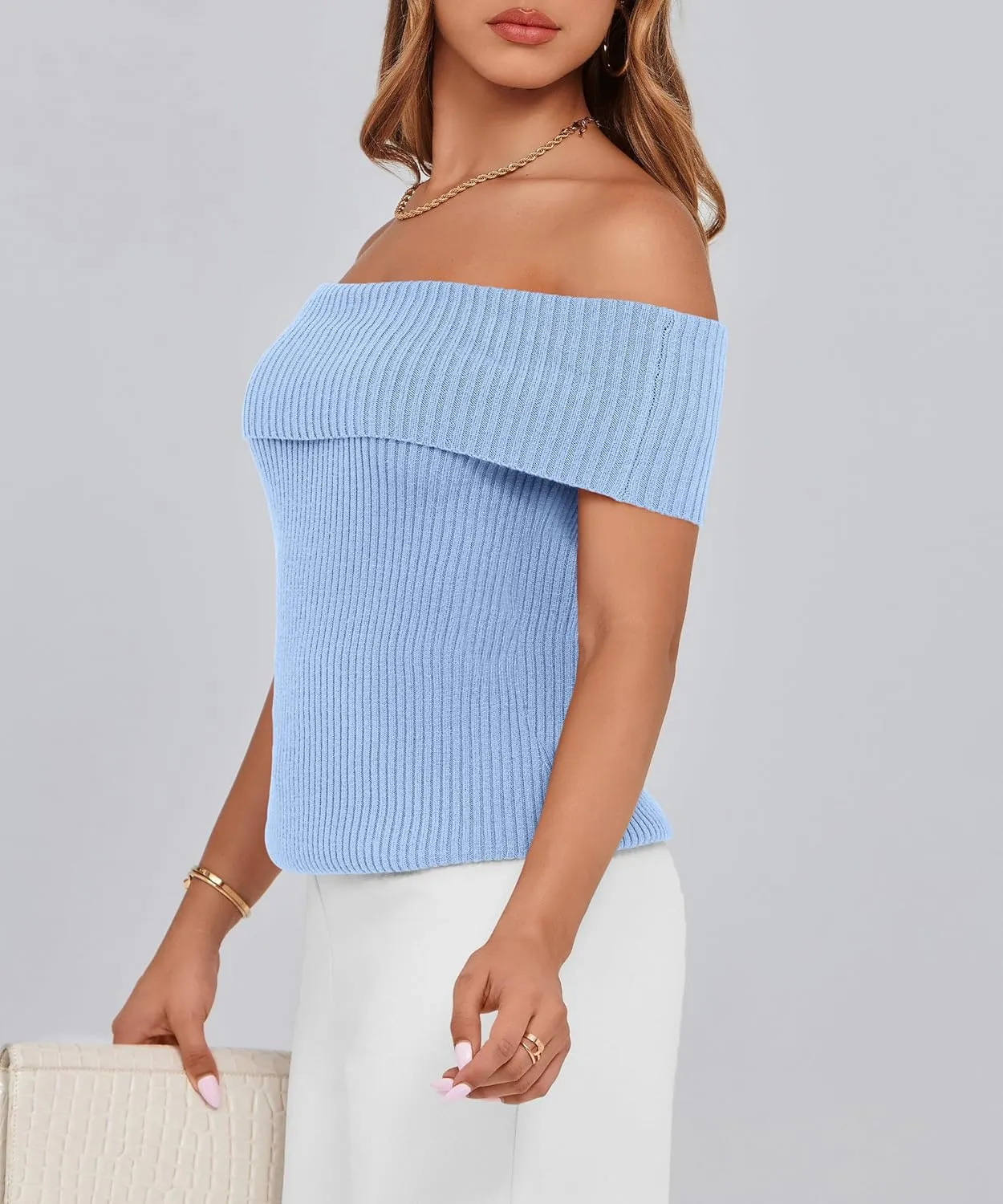 PRETTYGARDEN Women's 2025 Summer Off Shoulder Sweater Tops Ribbed Knit Short Sleeve Trendy Going Out Date Night Blouse