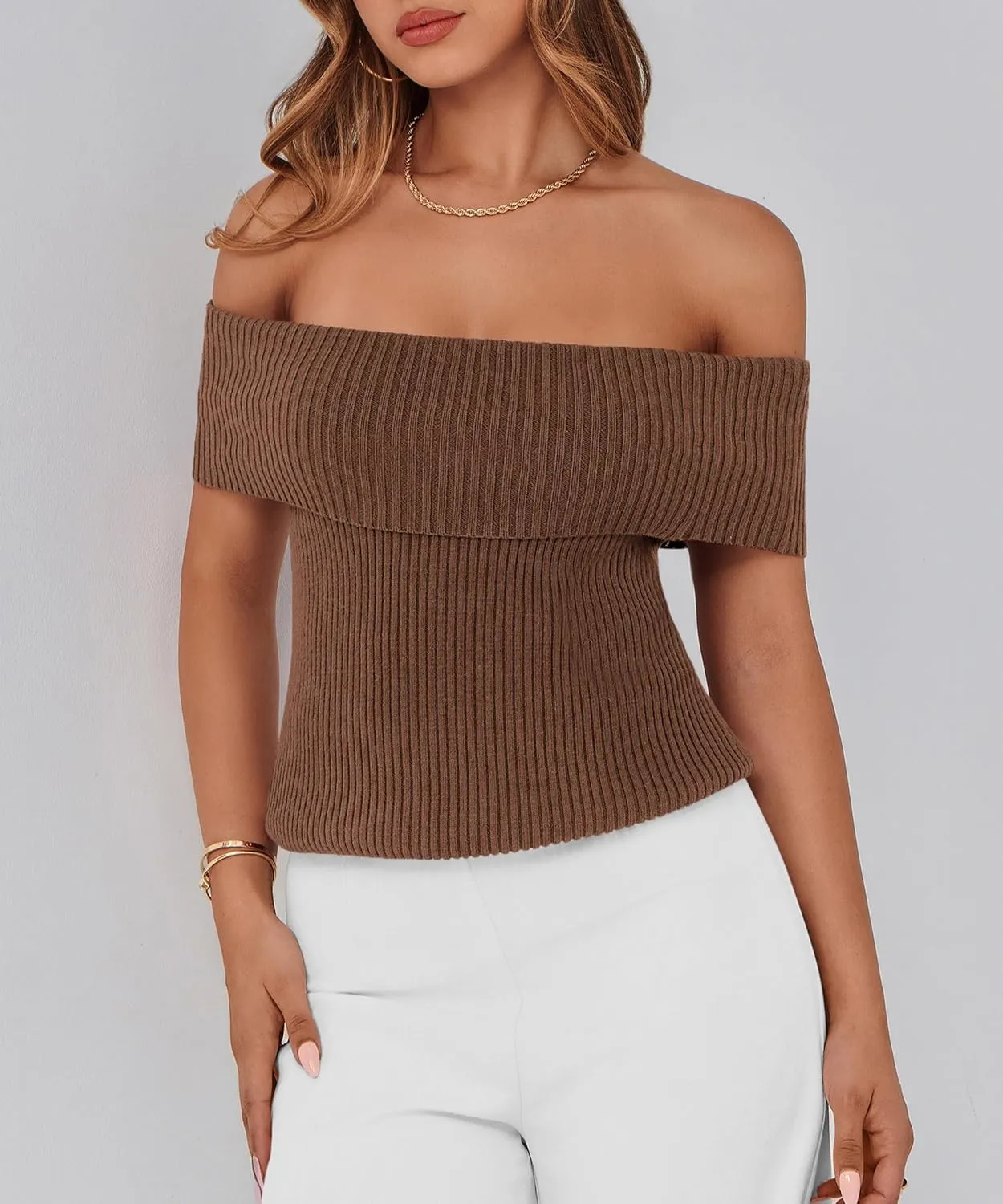 PRETTYGARDEN Women's 2025 Summer Off Shoulder Sweater Tops Ribbed Knit Short Sleeve Trendy Going Out Date Night Blouse