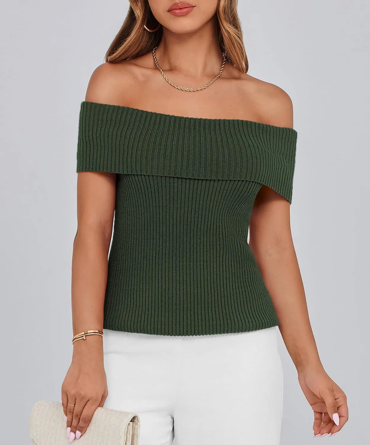 PRETTYGARDEN Women's 2025 Summer Off Shoulder Sweater Tops Ribbed Knit Short Sleeve Trendy Going Out Date Night Blouse