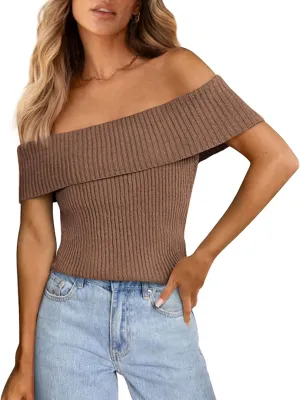 PRETTYGARDEN Women's 2025 Summer Off Shoulder Sweater Tops Ribbed Knit Short Sleeve Trendy Going Out Date Night Blouse