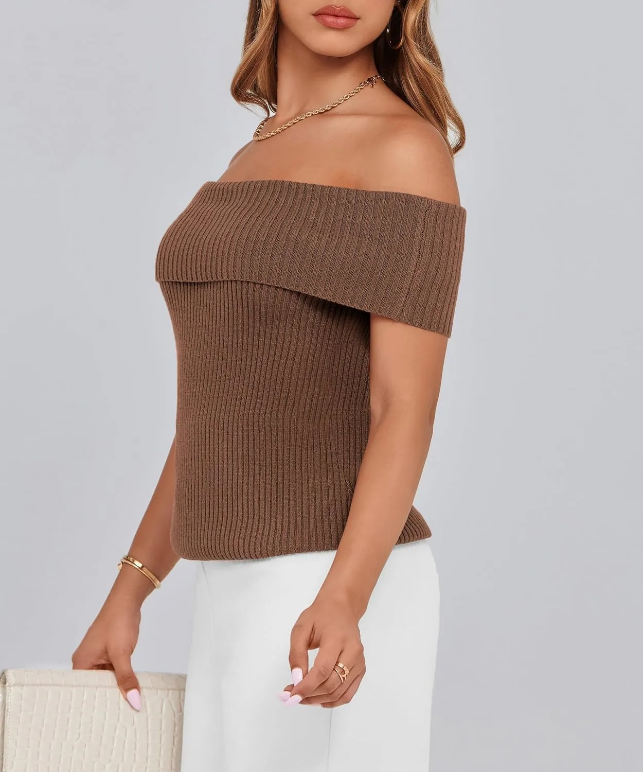 PRETTYGARDEN Women's 2025 Summer Off Shoulder Sweater Tops Ribbed Knit Short Sleeve Trendy Going Out Date Night Blouse