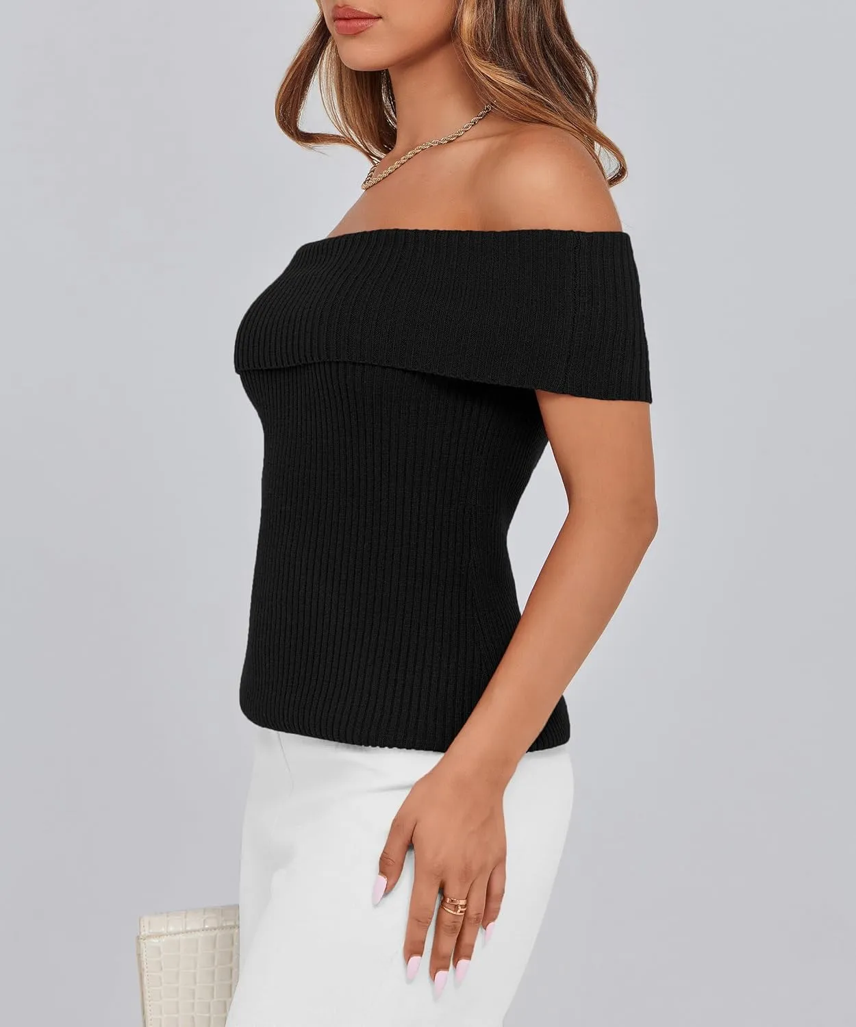 PRETTYGARDEN Women's 2025 Summer Off Shoulder Sweater Tops Ribbed Knit Short Sleeve Trendy Going Out Date Night Blouse