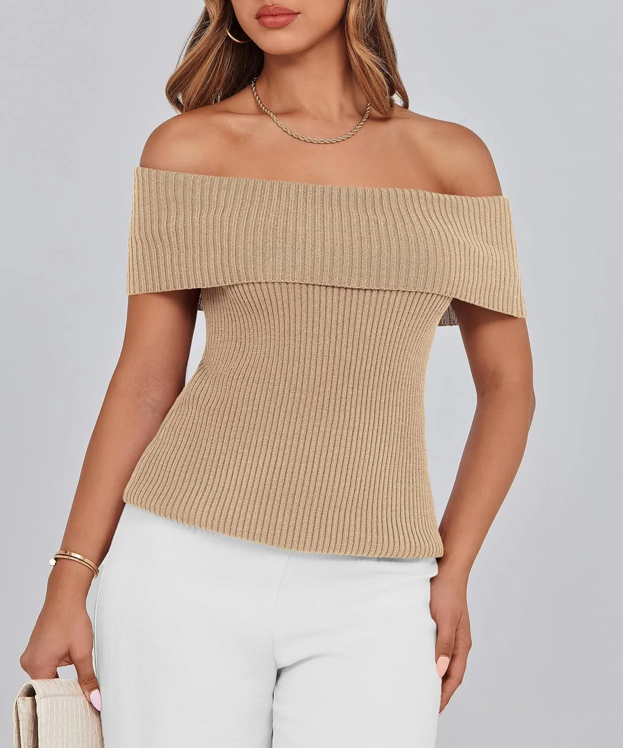 PRETTYGARDEN Women's 2025 Summer Off Shoulder Sweater Tops Ribbed Knit Short Sleeve Trendy Going Out Date Night Blouse