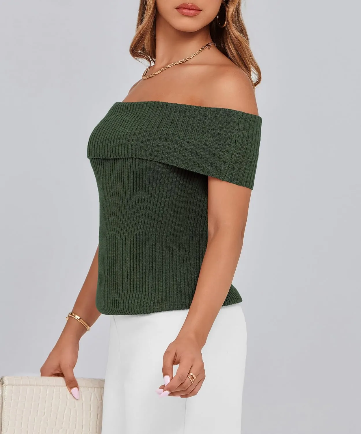 PRETTYGARDEN Women's 2025 Summer Off Shoulder Sweater Tops Ribbed Knit Short Sleeve Trendy Going Out Date Night Blouse