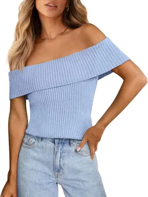 PRETTYGARDEN Women's 2025 Summer Off Shoulder Sweater Tops Ribbed Knit Short Sleeve Trendy Going Out Date Night Blouse