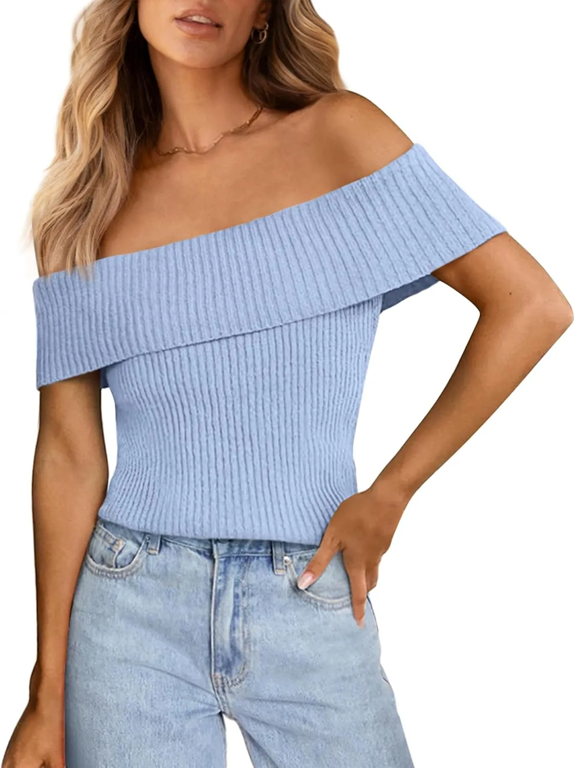 PRETTYGARDEN Women's 2025 Summer Off Shoulder Sweater Tops Ribbed Knit Short Sleeve Trendy Going Out Date Night Blouse