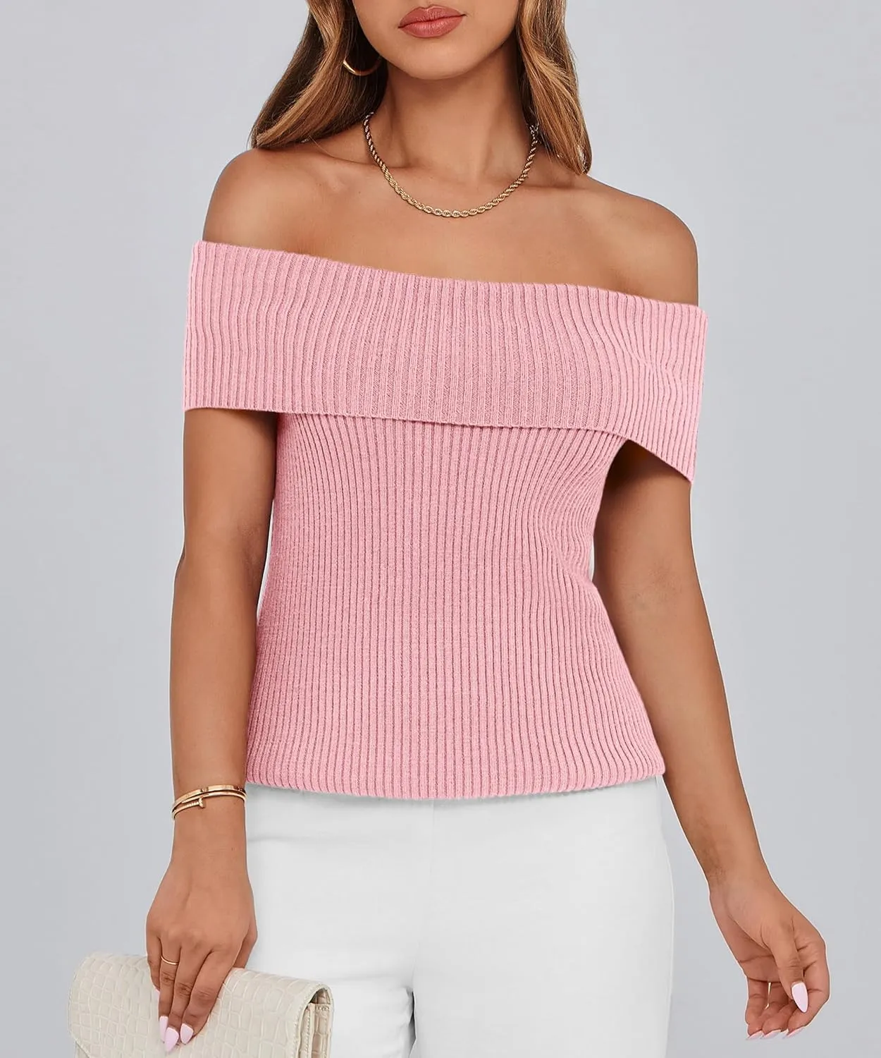 PRETTYGARDEN Women's 2025 Summer Off Shoulder Sweater Tops Ribbed Knit Short Sleeve Trendy Going Out Date Night Blouse