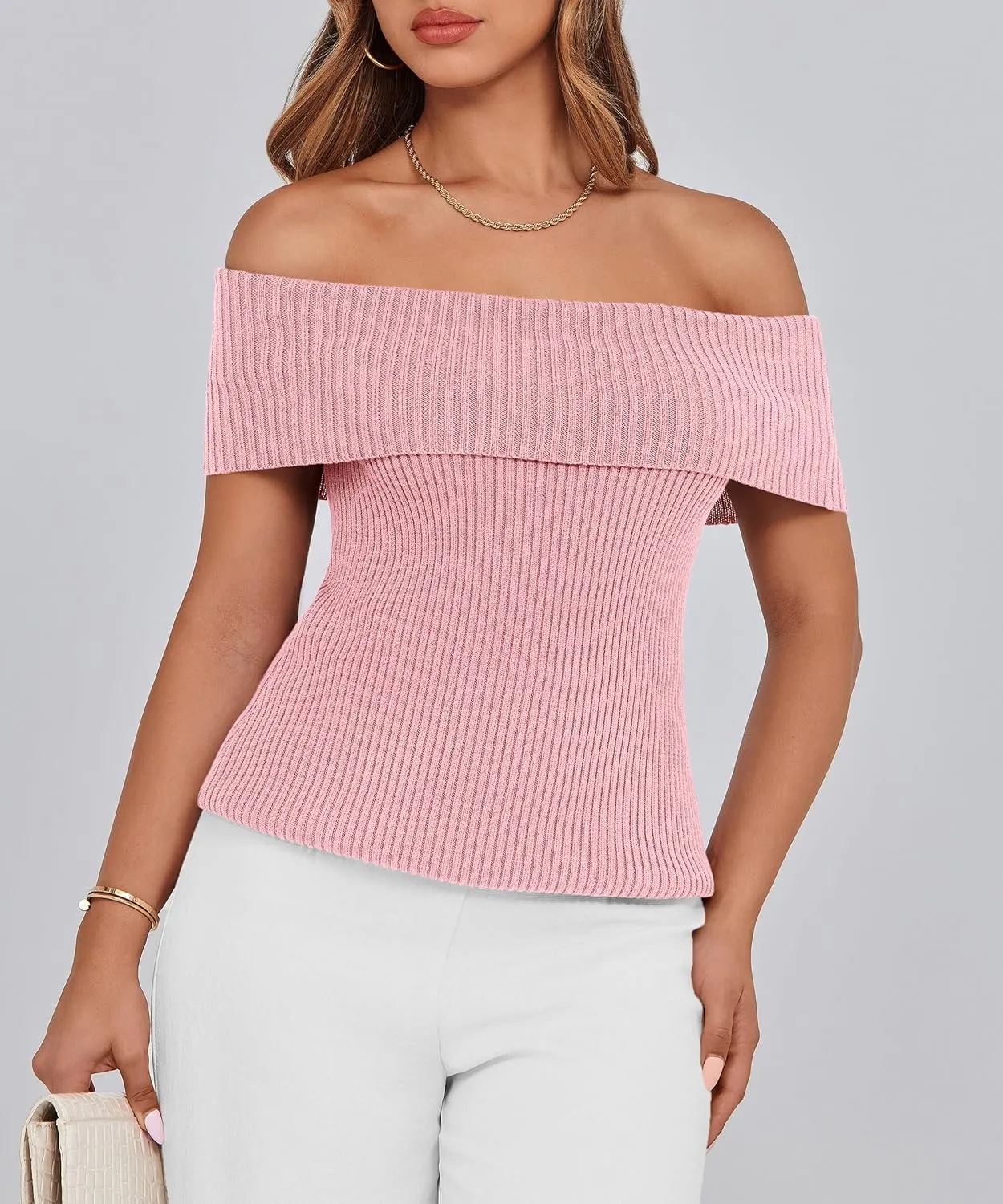 PRETTYGARDEN Women's 2025 Summer Off Shoulder Sweater Tops Ribbed Knit Short Sleeve Trendy Going Out Date Night Blouse
