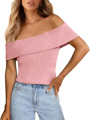 PRETTYGARDEN Women's 2025 Summer Off Shoulder Sweater Tops Ribbed Knit Short Sleeve Trendy Going Out Date Night Blouse