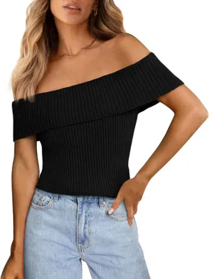 PRETTYGARDEN Women's 2025 Summer Off Shoulder Sweater Tops Ribbed Knit Short Sleeve Trendy Going Out Date Night Blouse