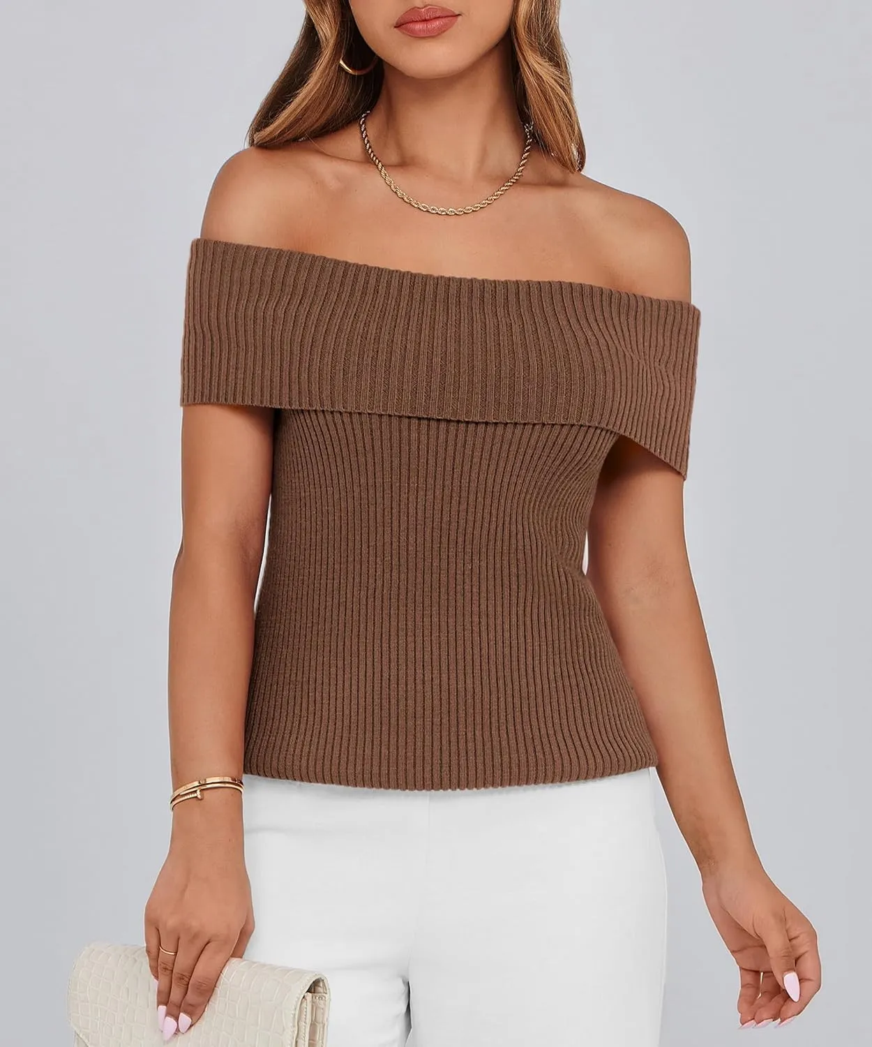 PRETTYGARDEN Women's 2025 Summer Off Shoulder Sweater Tops Ribbed Knit Short Sleeve Trendy Going Out Date Night Blouse