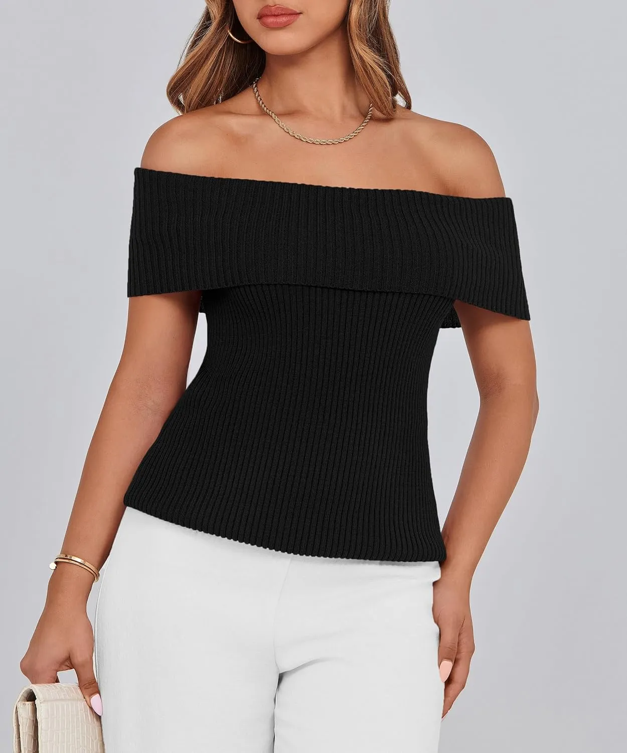 PRETTYGARDEN Women's 2025 Summer Off Shoulder Sweater Tops Ribbed Knit Short Sleeve Trendy Going Out Date Night Blouse