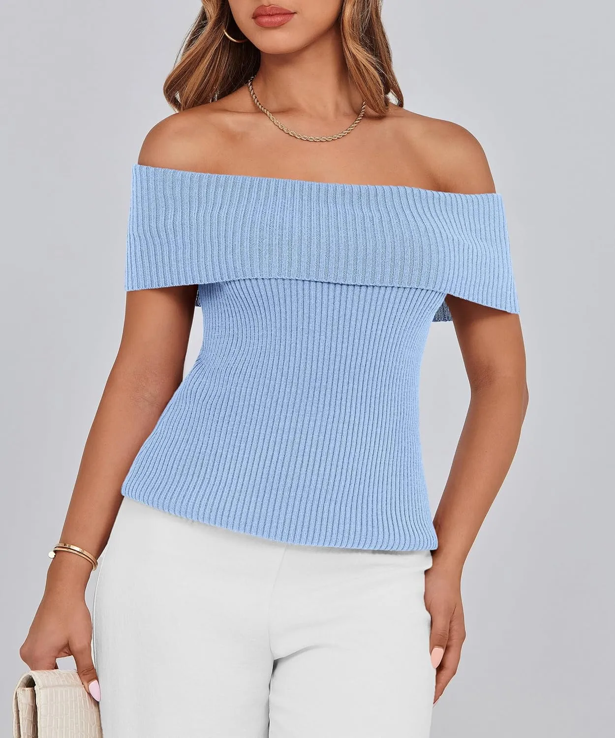 PRETTYGARDEN Women's 2025 Summer Off Shoulder Sweater Tops Ribbed Knit Short Sleeve Trendy Going Out Date Night Blouse